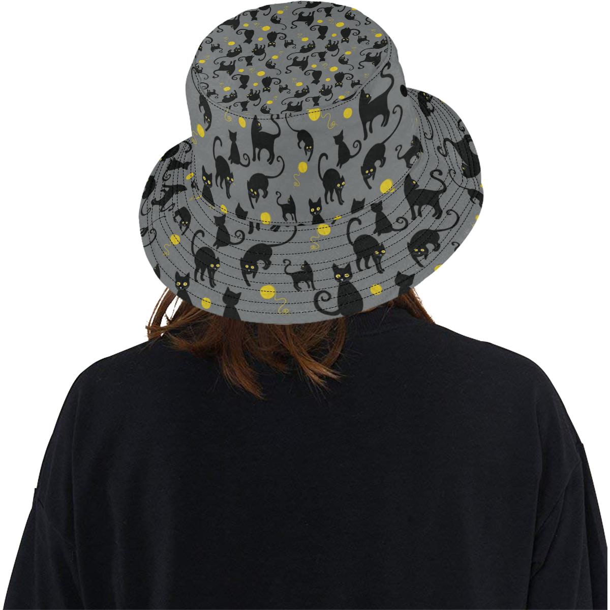 Black Cat Yellow Yarn Print Pattern Unisex Bucket Hat