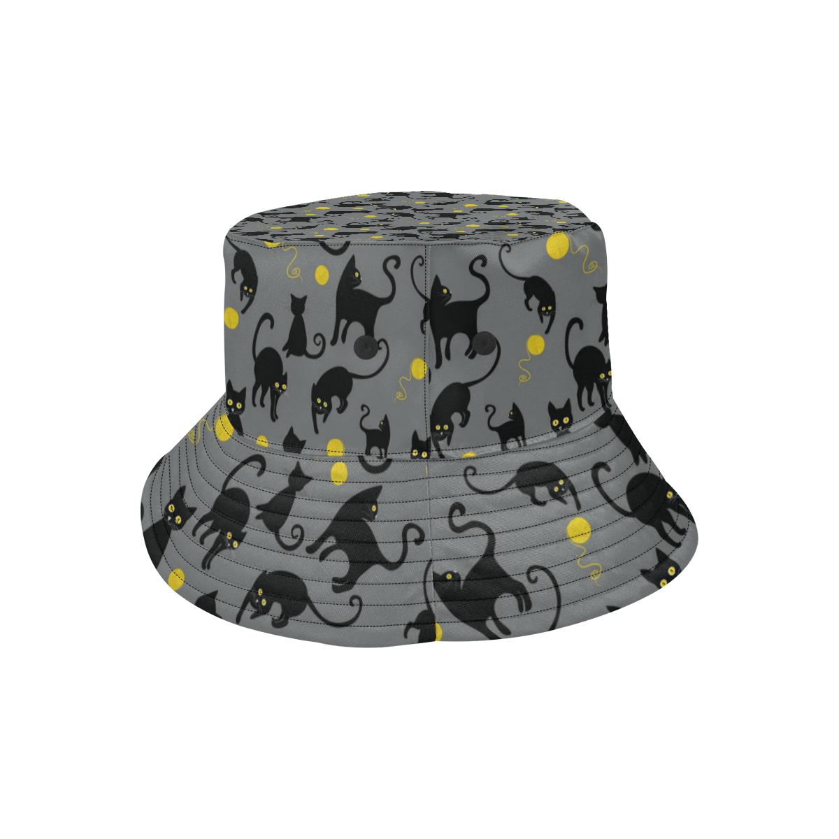 Black Cat Yellow Yarn Print Pattern Unisex Bucket Hat