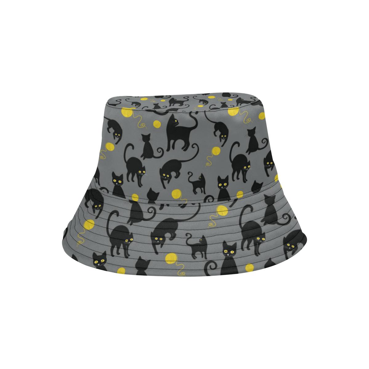 Black Cat Yellow Yarn Print Pattern Unisex Bucket Hat