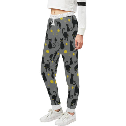 Black Cat Yellow Yarn Print Pattern Unisex Casual Sweatpants (Model L11)-JTAMIGO.COM