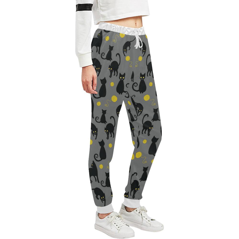 Black Cat Yellow Yarn Print Pattern Unisex Casual Sweatpants (Model L11)-JTAMIGO.COM