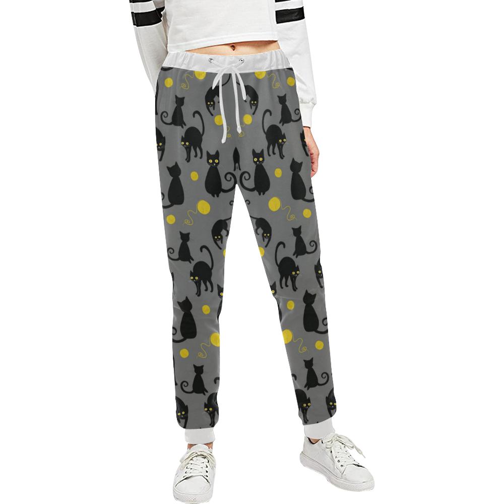 Black Cat Yellow Yarn Print Pattern Unisex Casual Sweatpants (Model L11)-JTAMIGO.COM