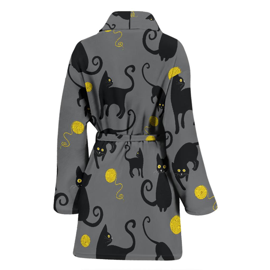 Black Cat Yellow Yarn Print Pattern Women Bath Robe-JTAMIGO.COM
