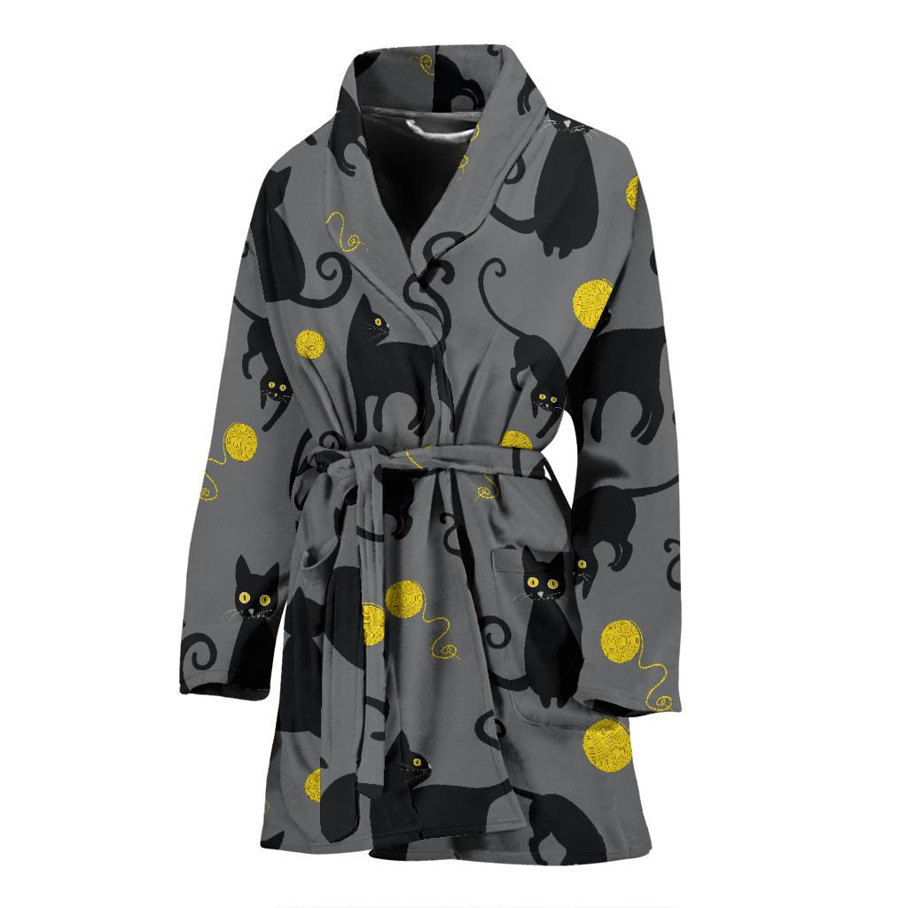 Black Cat Yellow Yarn Print Pattern Women Bath Robe-JTAMIGO.COM