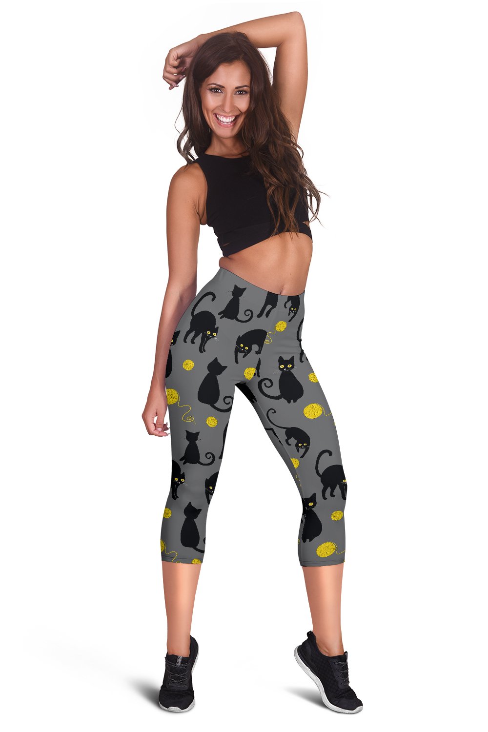 Black Cat Yellow Yarn Print Pattern Women Capris