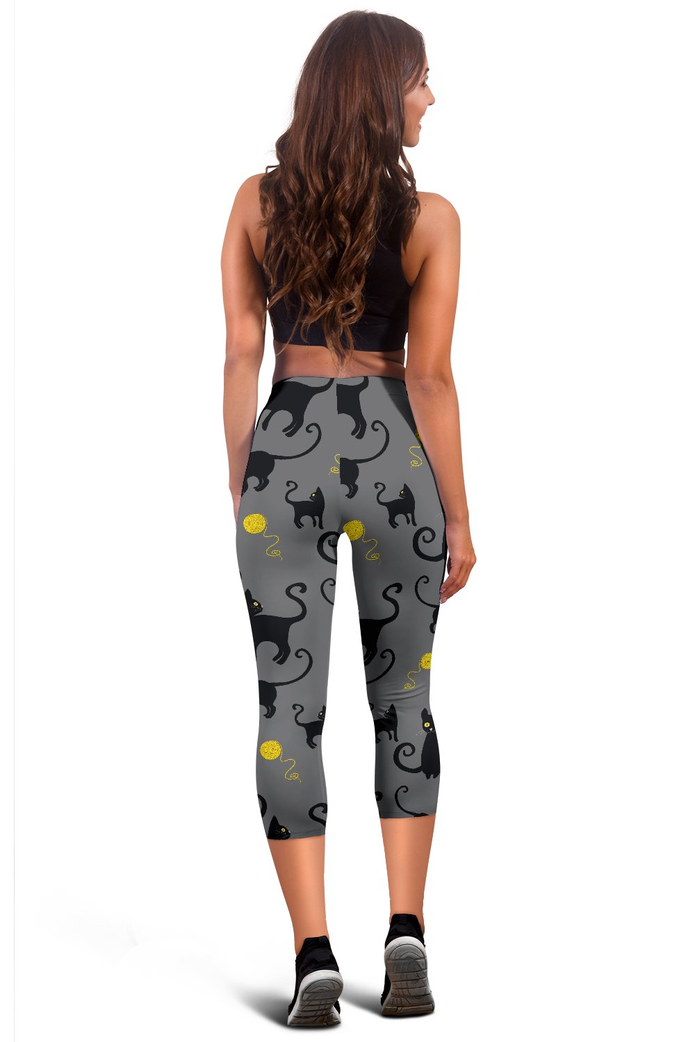 Black Cat Yellow Yarn Print Pattern Women Capris
