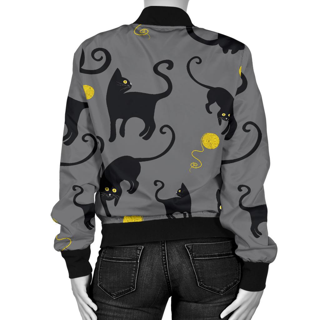 Black Cat Yellow Yarn Print Pattern Women Casual Bomber Jacket