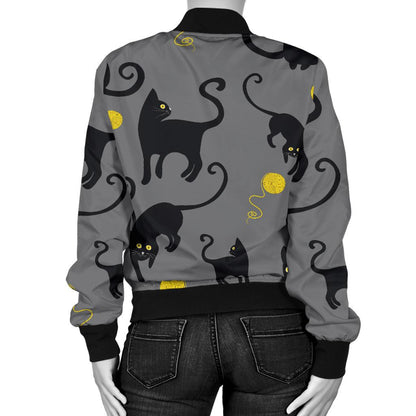 Black Cat Yellow Yarn Print Pattern Women Casual Bomber Jacket