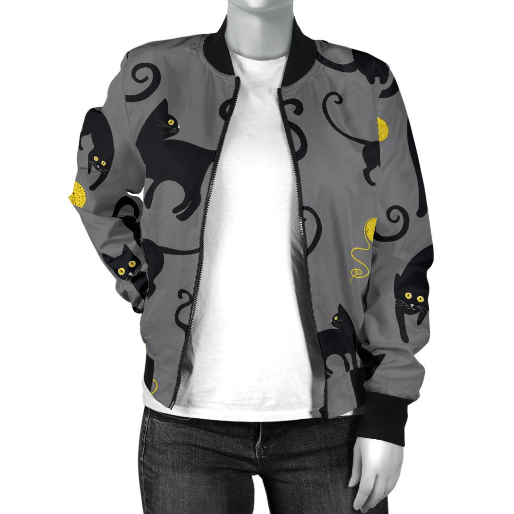 Black Cat Yellow Yarn Print Pattern Women Casual Bomber Jacket