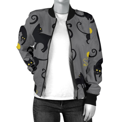 Black Cat Yellow Yarn Print Pattern Women Casual Bomber Jacket