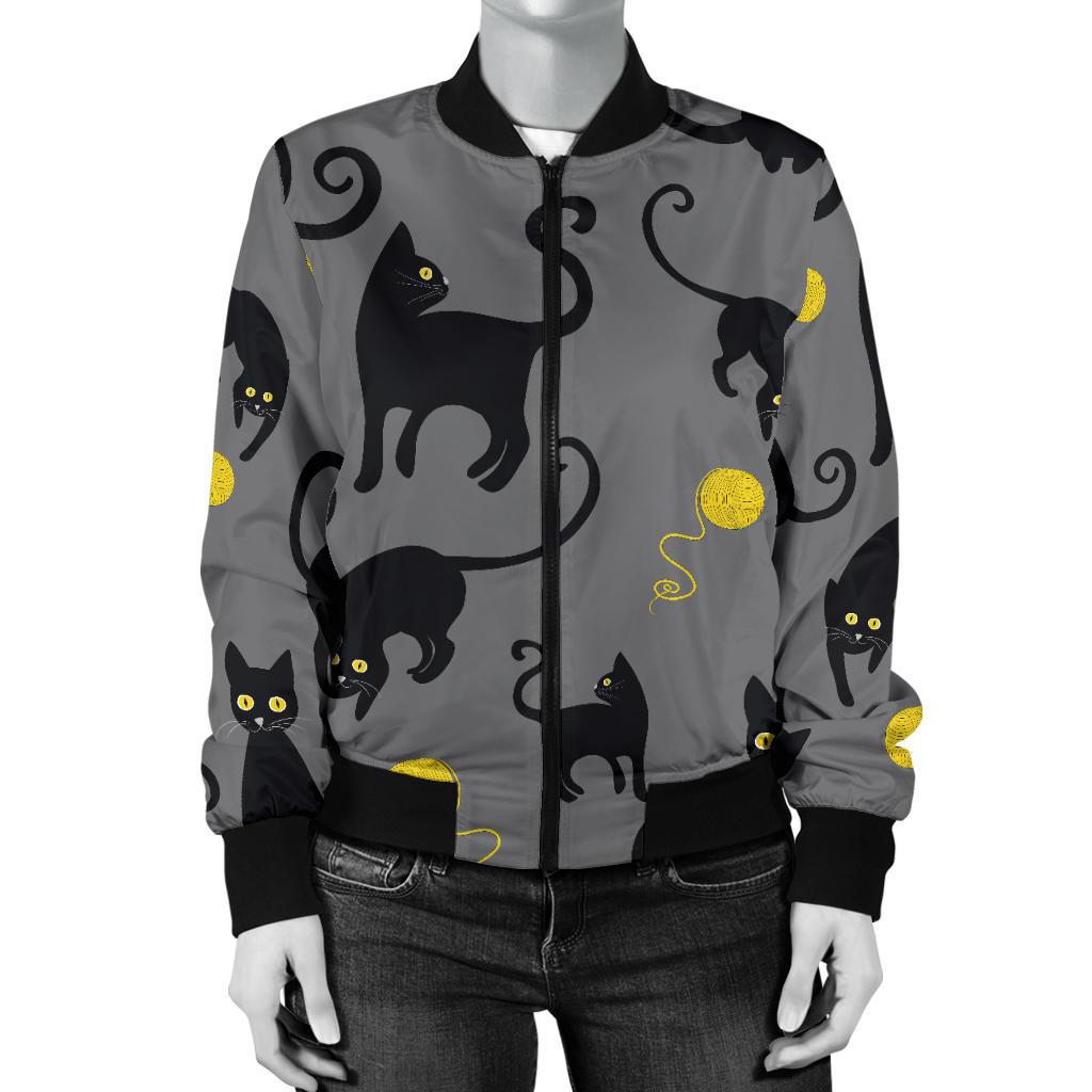 Black Cat Yellow Yarn Print Pattern Women Casual Bomber Jacket