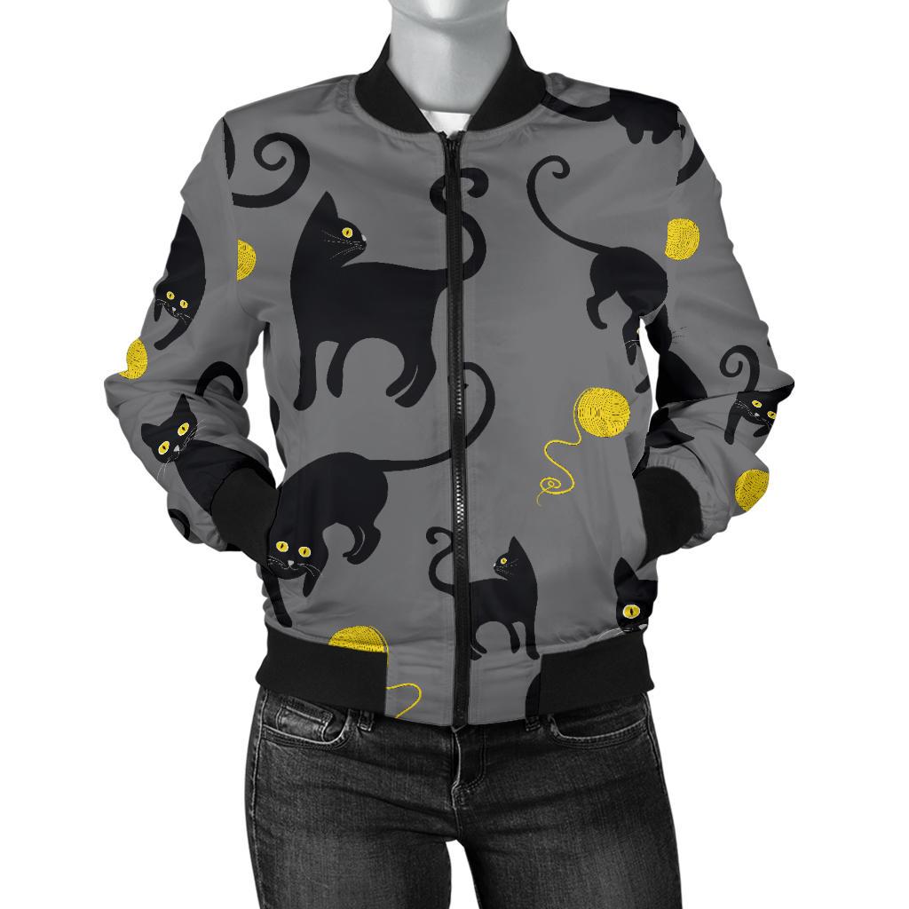 Black Cat Yellow Yarn Print Pattern Women Casual Bomber Jacket