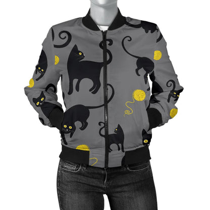 Black Cat Yellow Yarn Print Pattern Women Casual Bomber Jacket