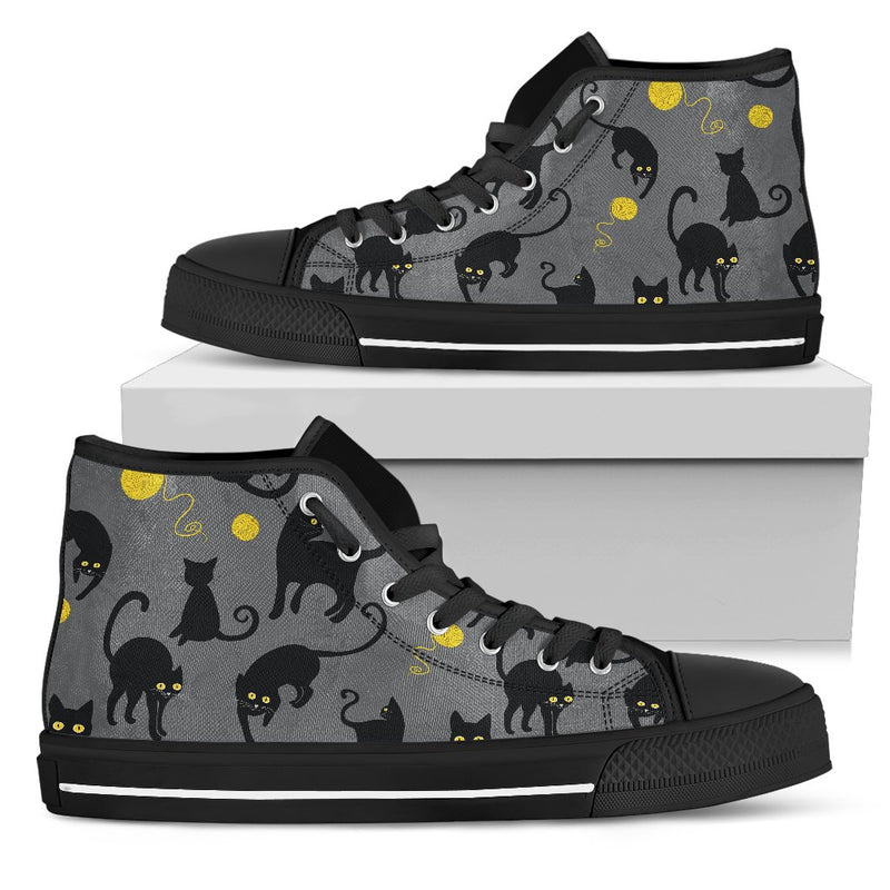 Black Cat Yellow Yarn Print Pattern Women High Top Shoes