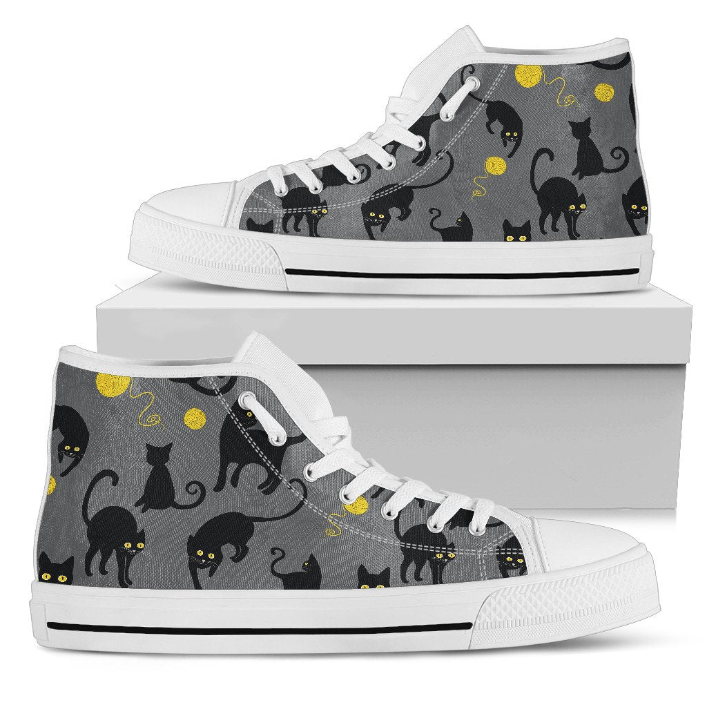 Black Cat Yellow Yarn Print Pattern Women High Top Shoes