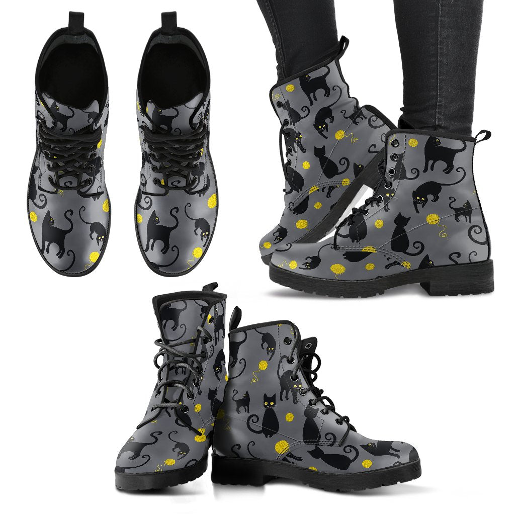 Black Cat Yellow Yarn Print Pattern Women Leather Boots-JTAMIGO.COM