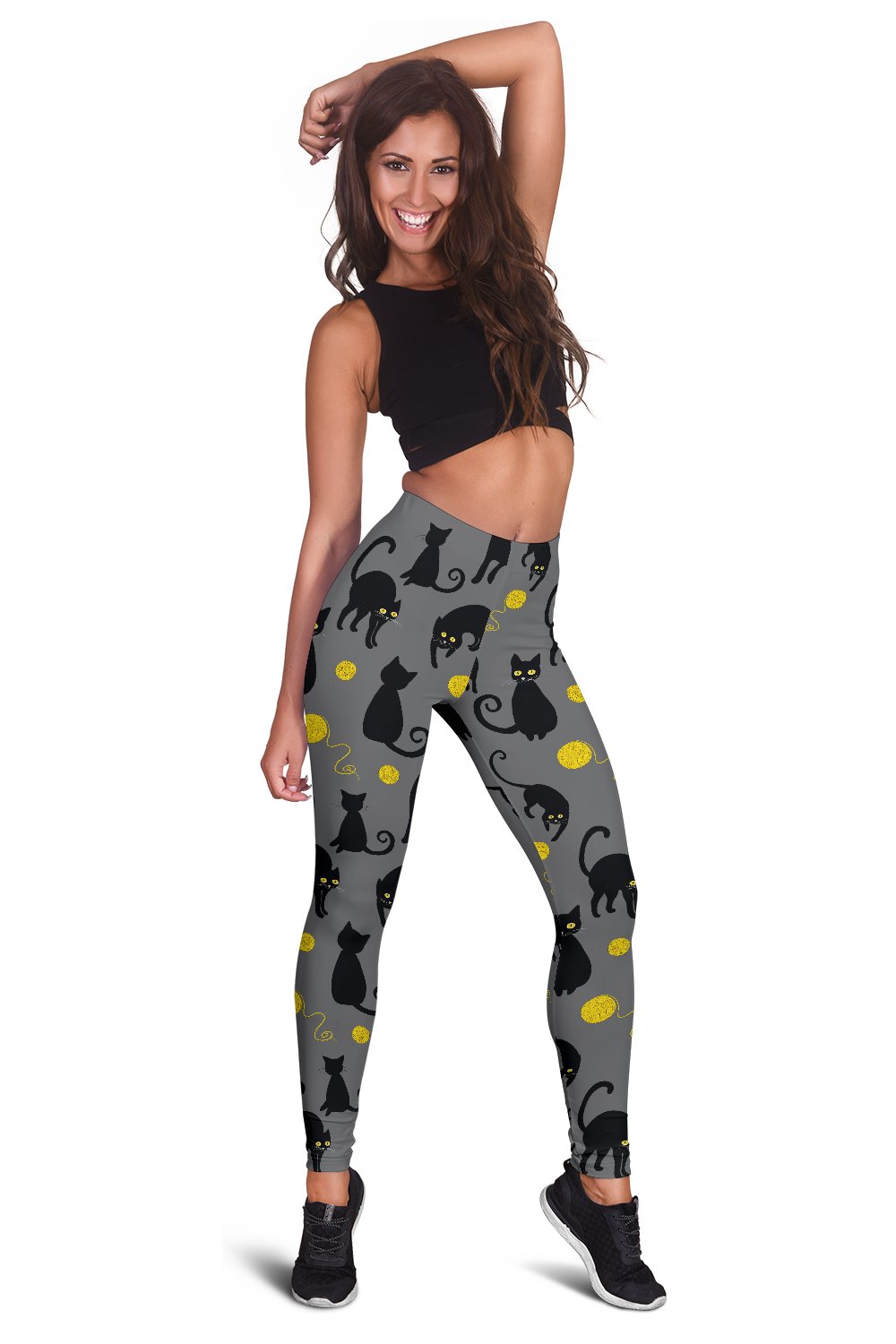 Black Cat Yellow Yarn Print Pattern Women Leggings