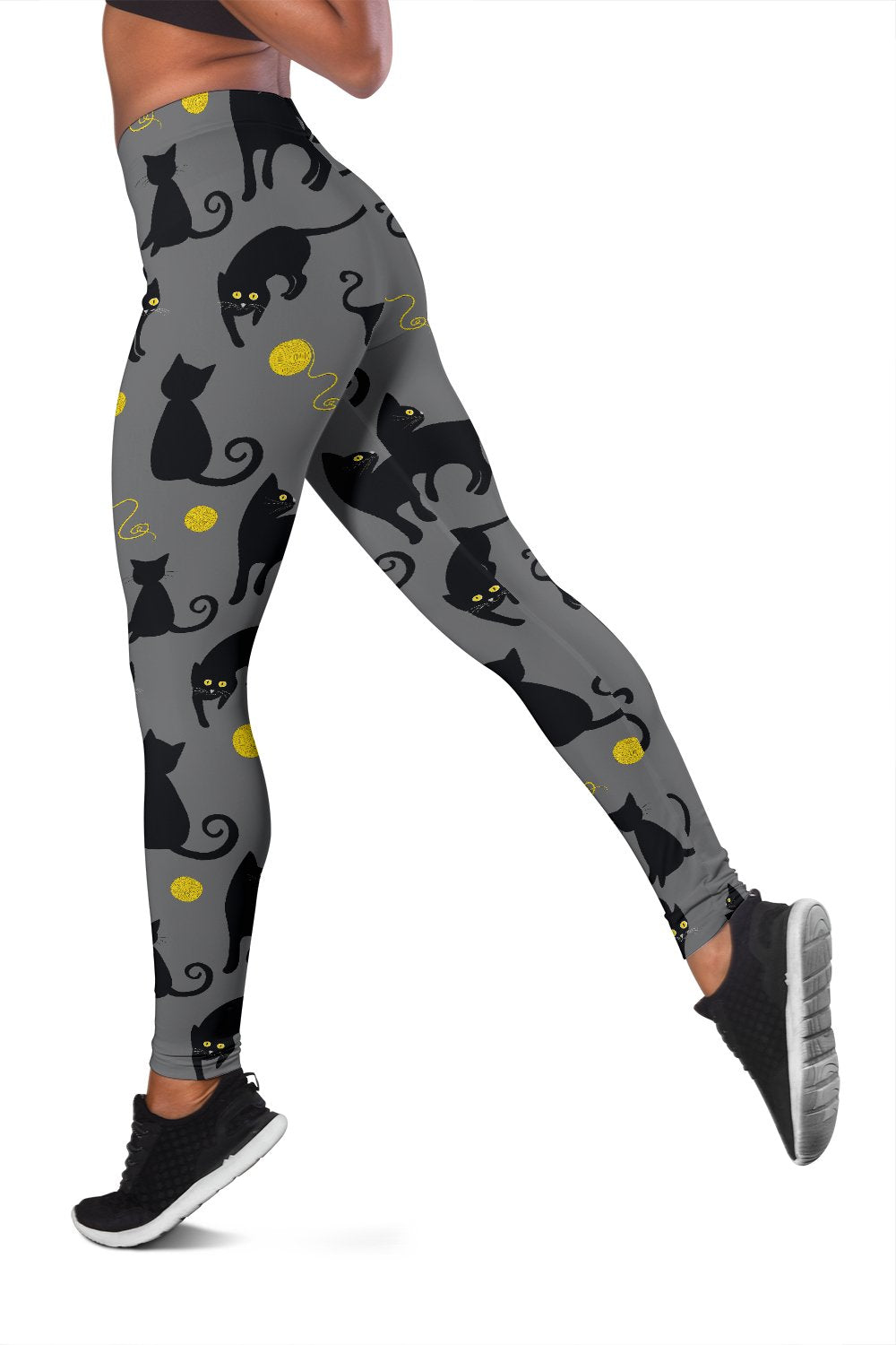 Black Cat Yellow Yarn Print Pattern Women Leggings