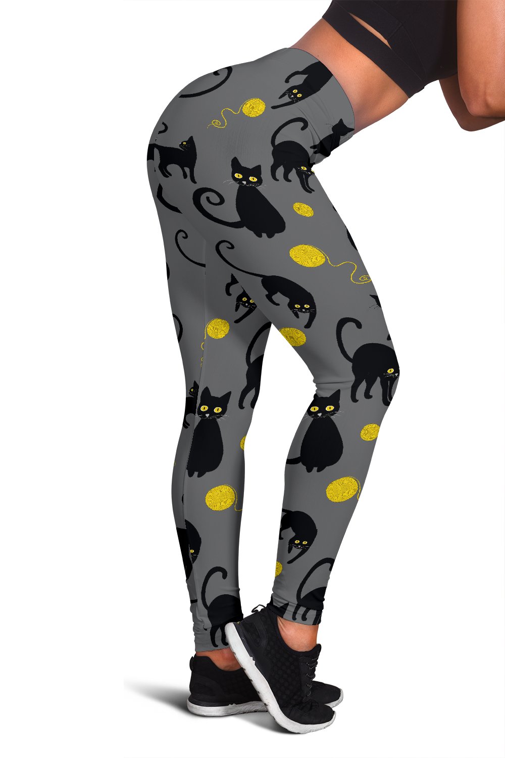 Black Cat Yellow Yarn Print Pattern Women Leggings