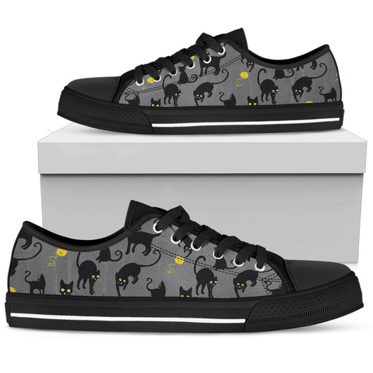 Black Cat Yellow Yarn Print Pattern Women Low Top Shoes