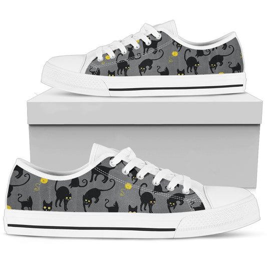 Black Cat Yellow Yarn Print Pattern Women Low Top Shoes