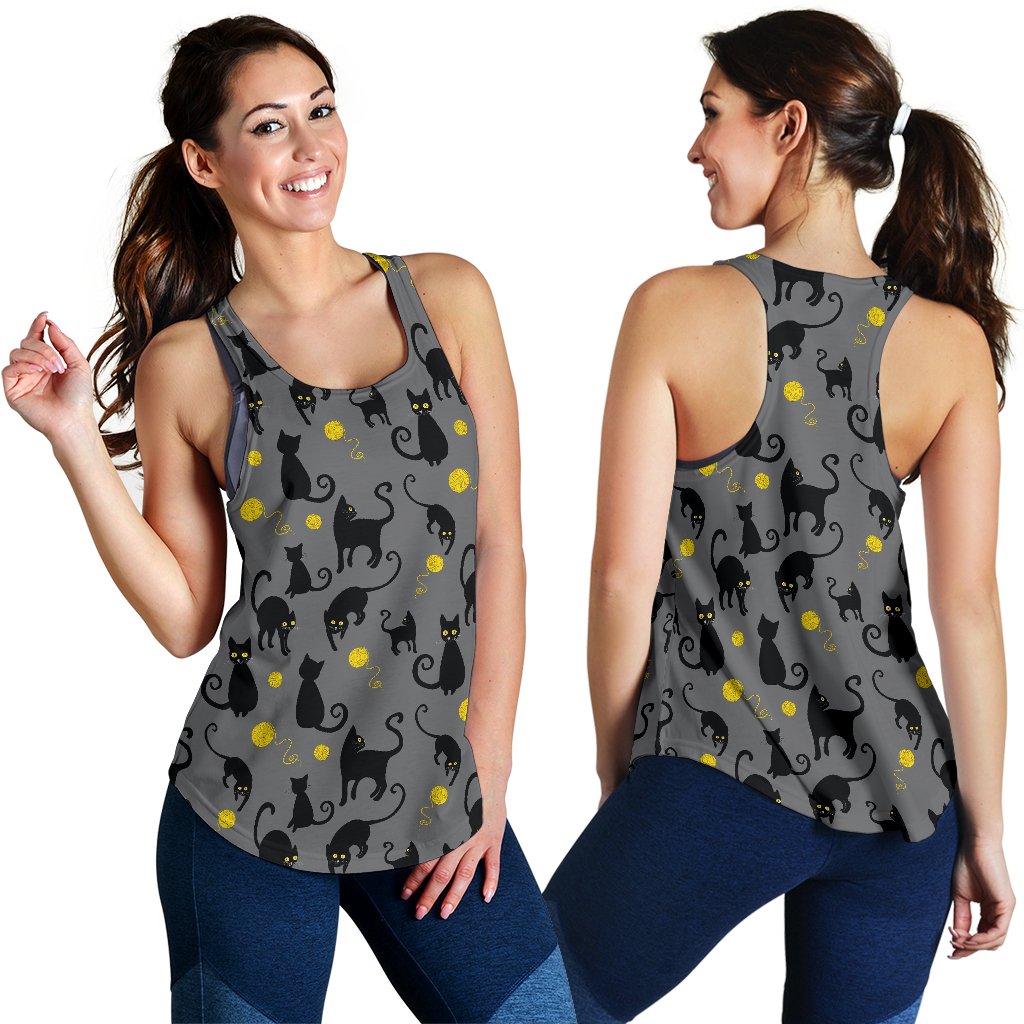 Black Cat Yellow Yarn Print Pattern Women Racerback Tank Top