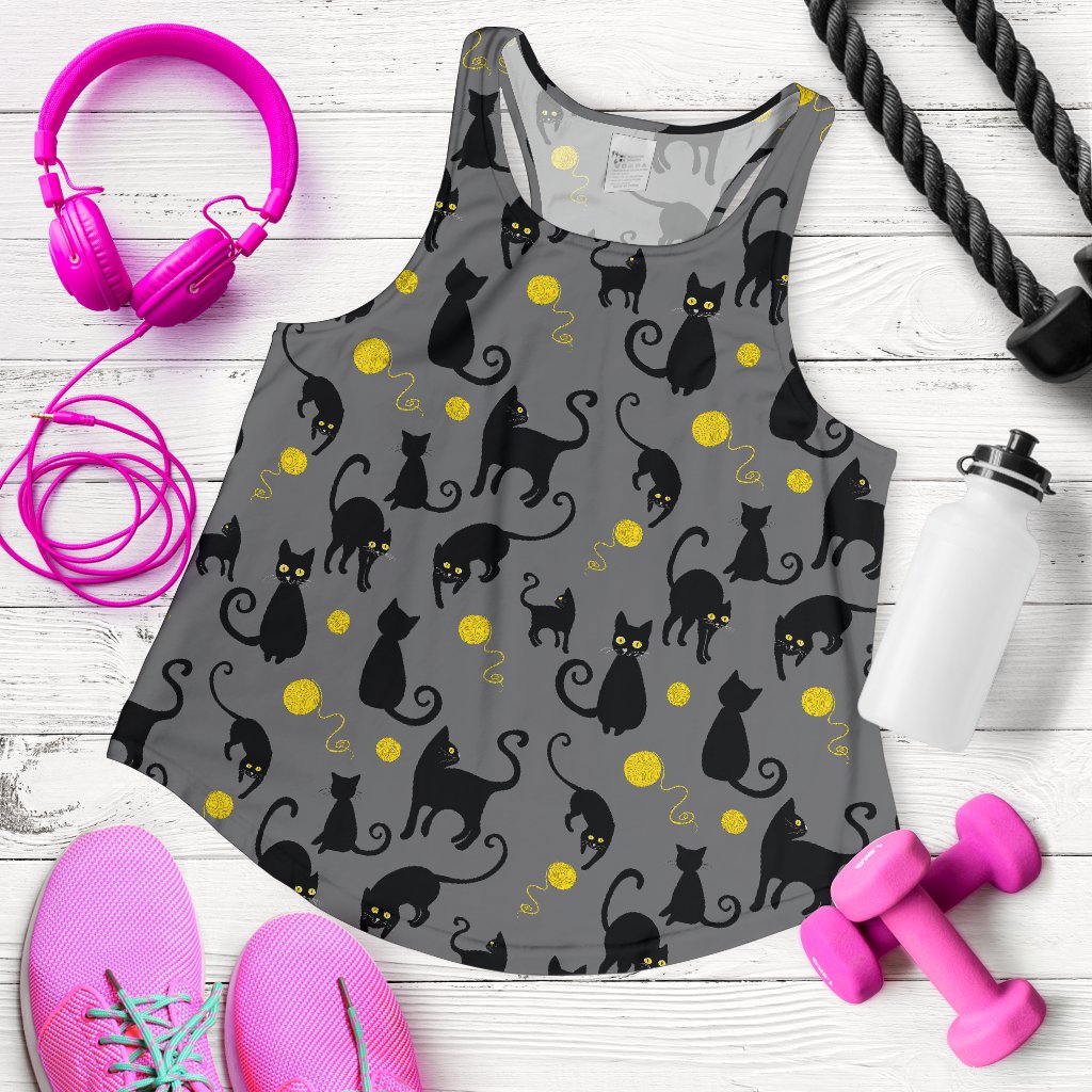 Black Cat Yellow Yarn Print Pattern Women Racerback Tank Top