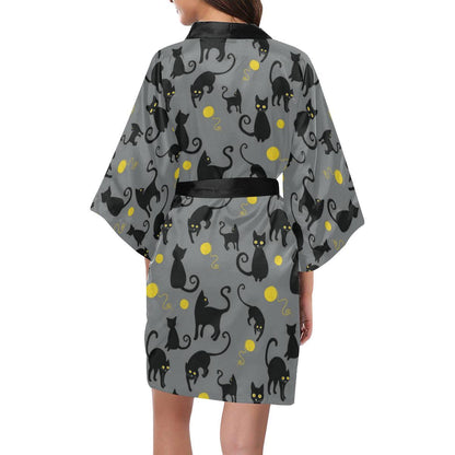 Black Cat Yellow Yarn Print Pattern Women Short Kimono Robe