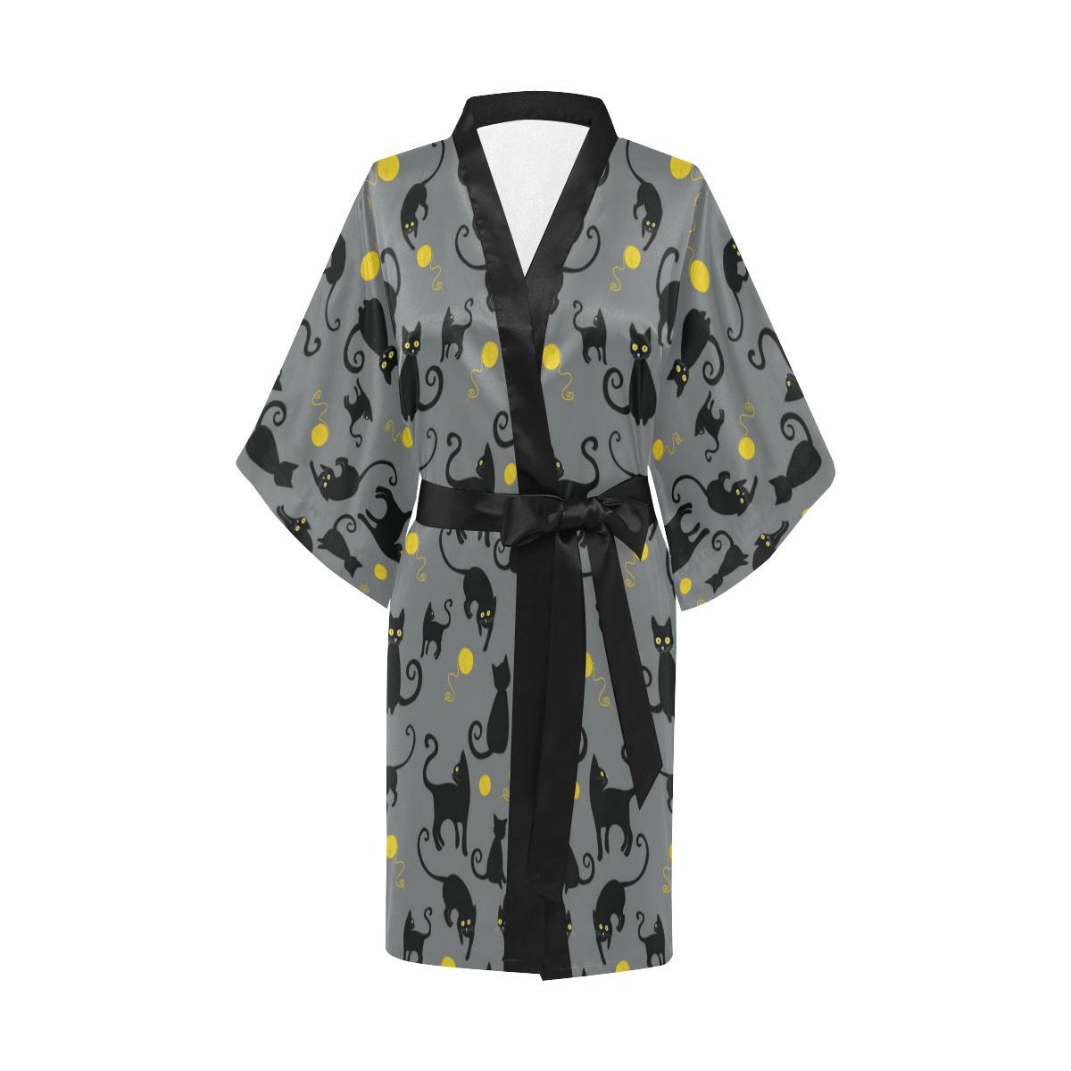 Black Cat Yellow Yarn Print Pattern Women Short Kimono Robe