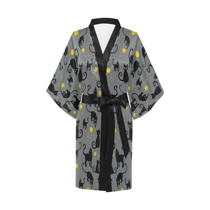 Black Cat Yellow Yarn Print Pattern Women Short Kimono Robe