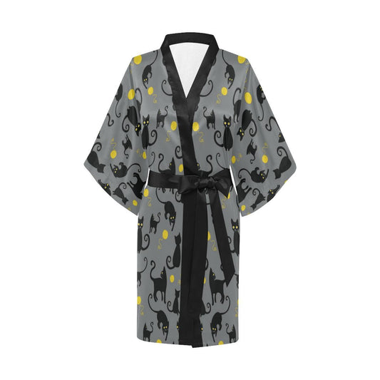 Black Cat Yellow Yarn Print Pattern Women Short Kimono Robe