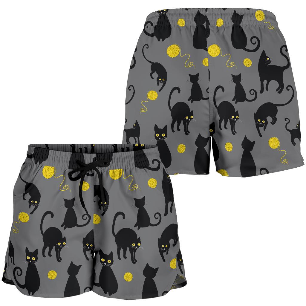Black Cat Yellow Yarn Print Pattern Women Shorts-JTAMIGO.COM