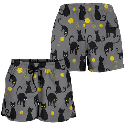 Black Cat Yellow Yarn Print Pattern Women Shorts-JTAMIGO.COM