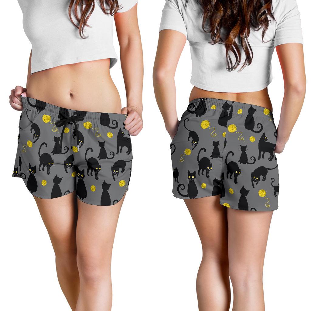 Black Cat Yellow Yarn Print Pattern Women Shorts-JTAMIGO.COM