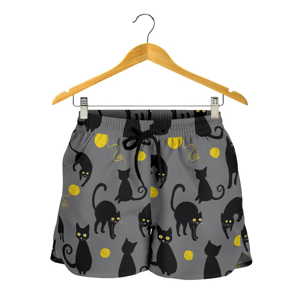 Black Cat Yellow Yarn Print Pattern Women Shorts-JTAMIGO.COM