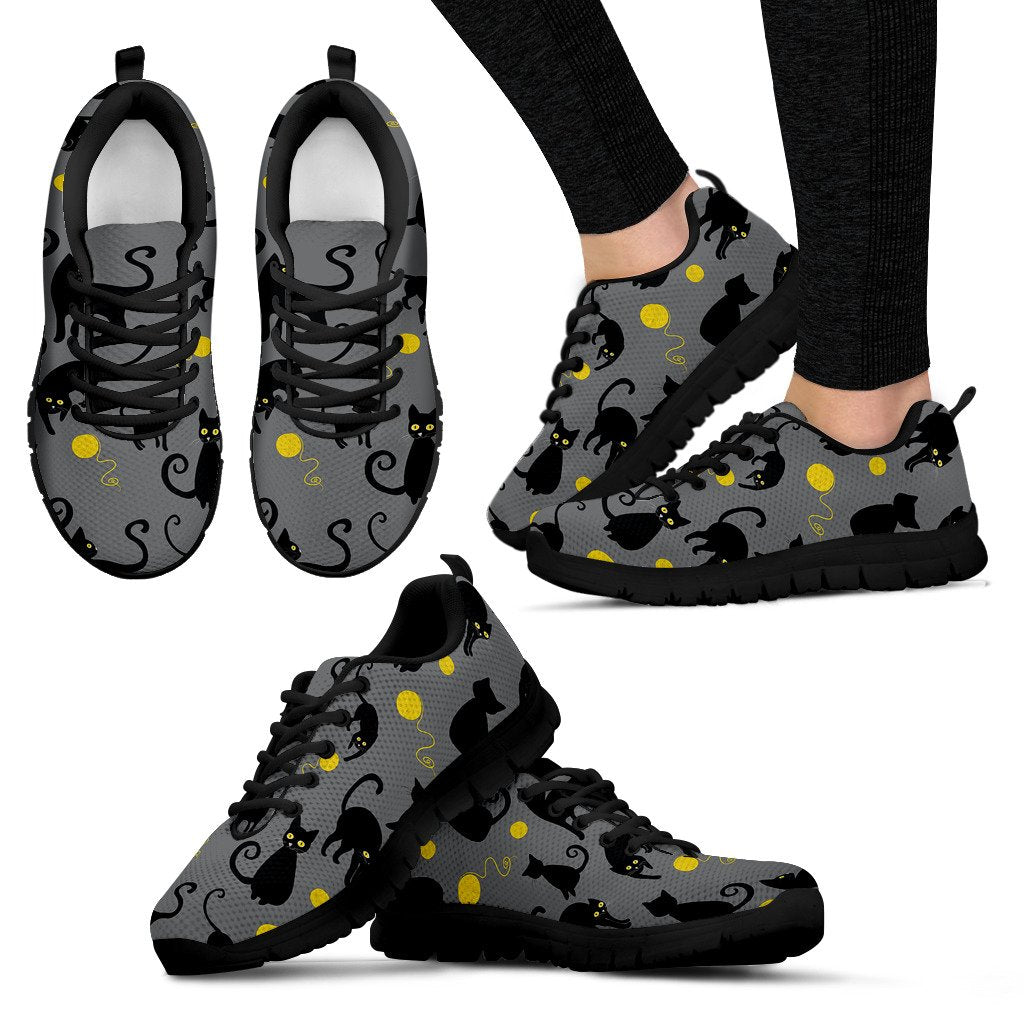 Black Cat Yellow Yarn Print Pattern Women Sneakers Shoes