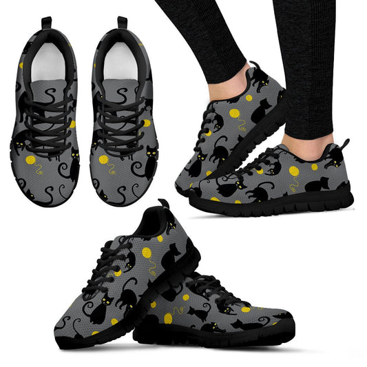 Black Cat Yellow Yarn Print Pattern Women Sneakers Shoes