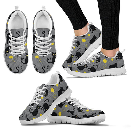 Black Cat Yellow Yarn Print Pattern Women Sneakers Shoes