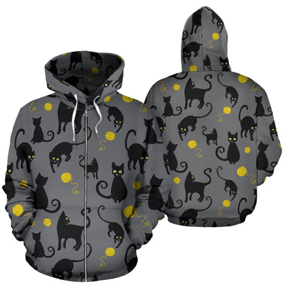 Black Cat Yellow Yarn Print Pattern Zip Up Hoodie