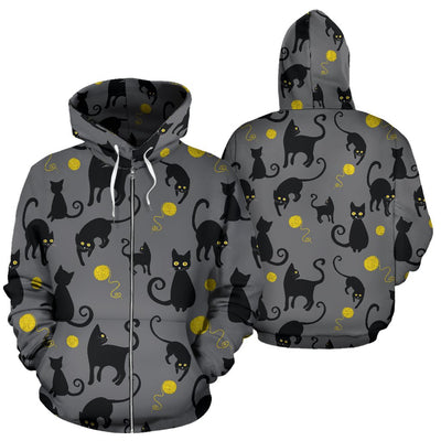 Black Cat Yellow Yarn Print Pattern Zip Up Hoodie