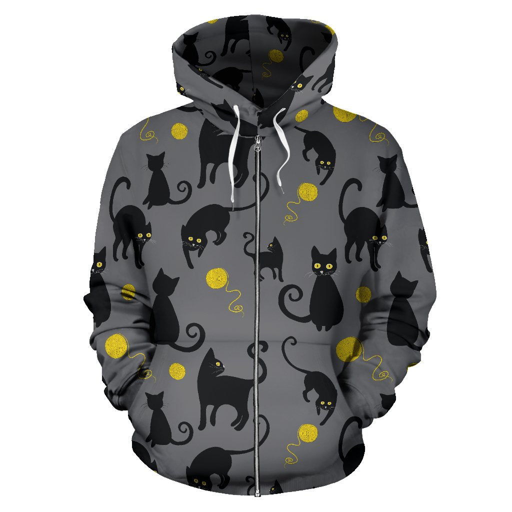 Black Cat Yellow Yarn Print Pattern Zip Up Hoodie