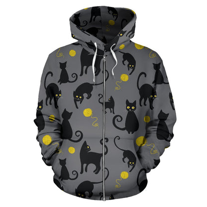 Black Cat Yellow Yarn Print Pattern Zip Up Hoodie