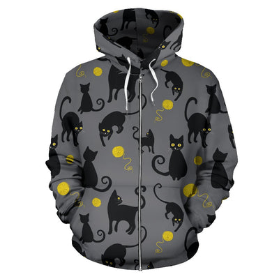 Black Cat Yellow Yarn Print Pattern Zip Up Hoodie