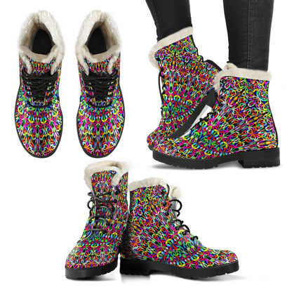 Bohemian Colorful Style Print Faux Fur Leather Boots-JTAMIGO.COM
