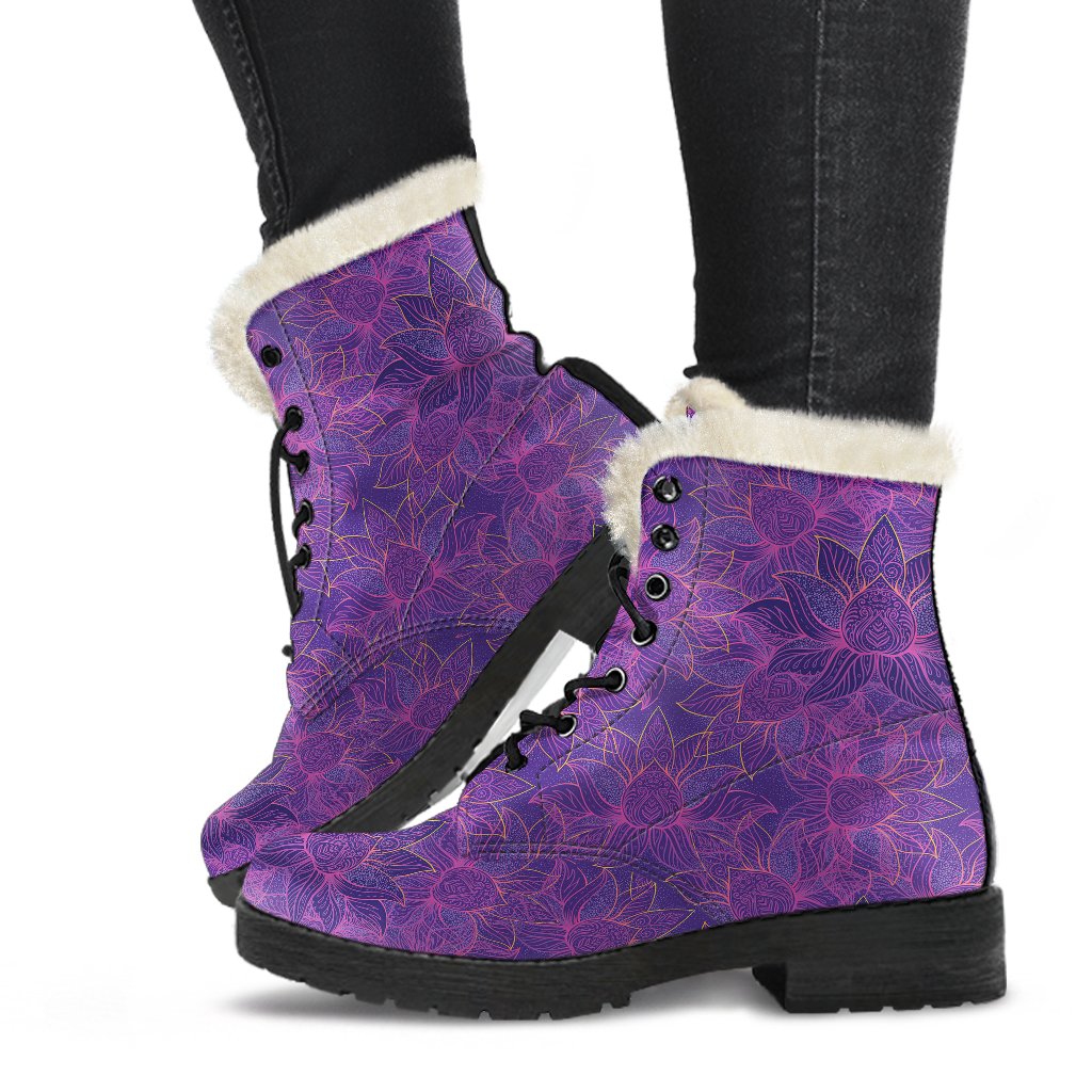 Bohemian Lotus Mandala Style Faux Fur Leather Boots-JTAMIGO.COM