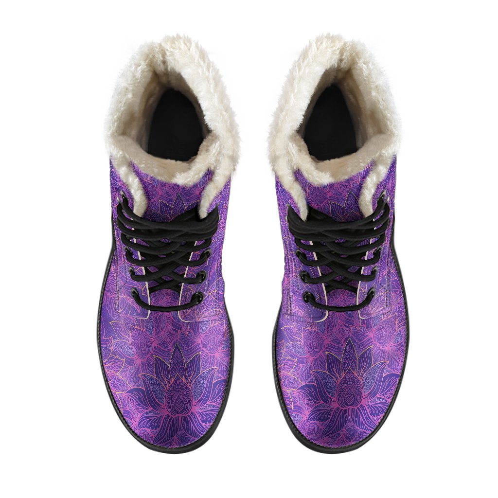 Bohemian Lotus Mandala Style Faux Fur Leather Boots-JTAMIGO.COM