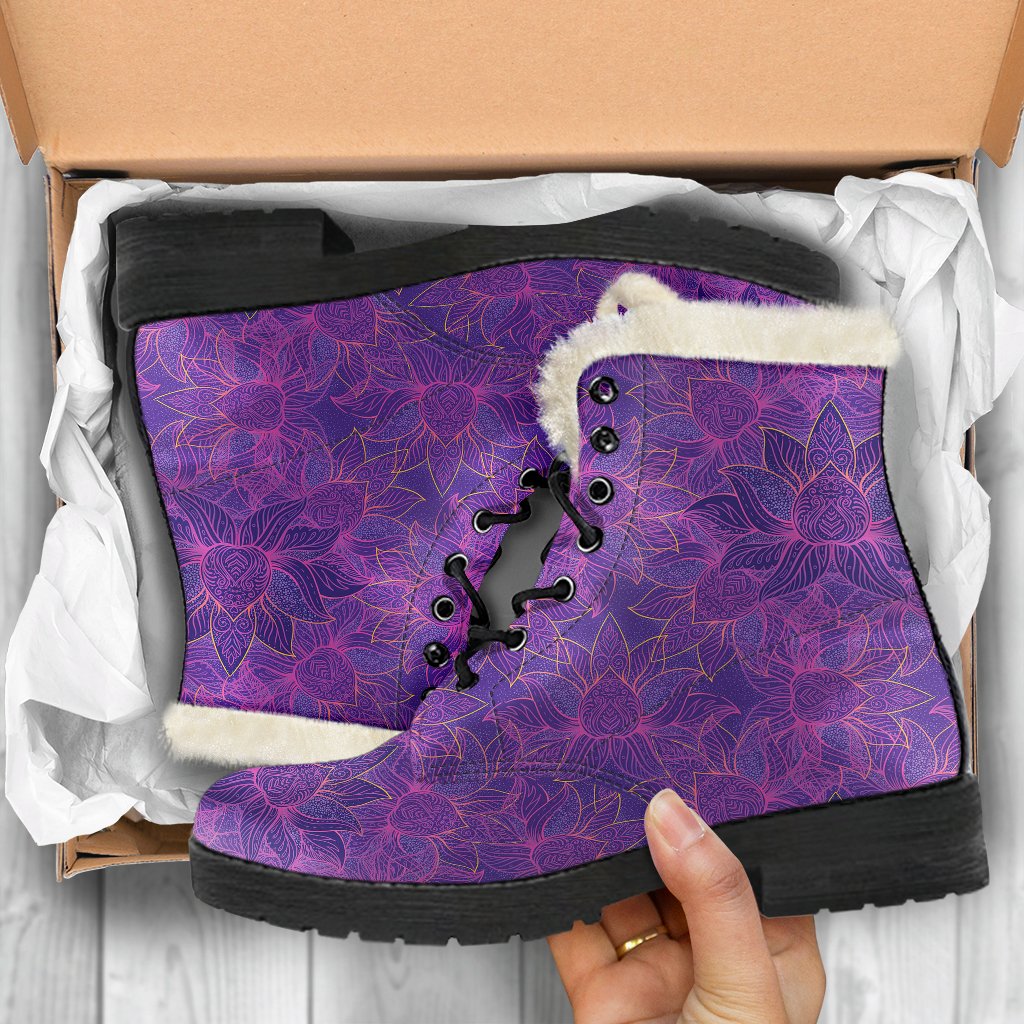 Bohemian Lotus Mandala Style Faux Fur Leather Boots-JTAMIGO.COM