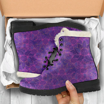 Bohemian Lotus Mandala Style Faux Fur Leather Boots-JTAMIGO.COM