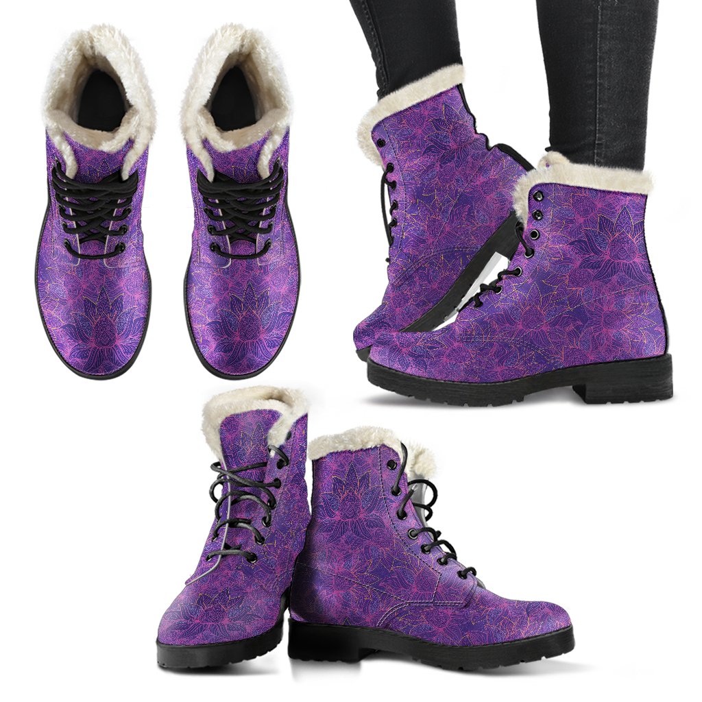 Bohemian Lotus Mandala Style Faux Fur Leather Boots-JTAMIGO.COM