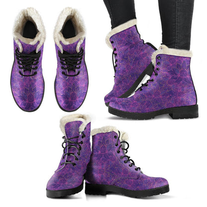 Bohemian Lotus Mandala Style Faux Fur Leather Boots-JTAMIGO.COM